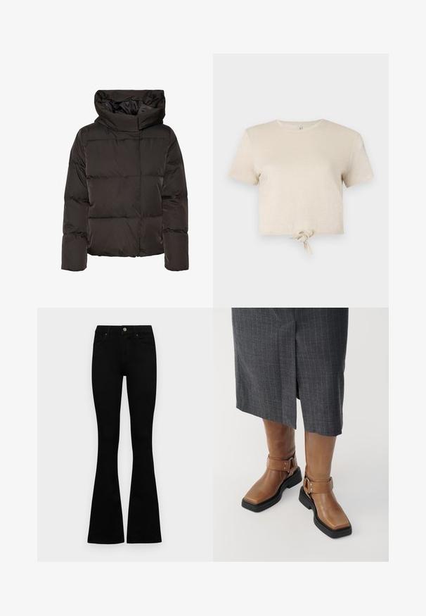 Melnā pūderjakā ar augstu apkakli, izšūtu dizainu un kastveida formu. Izgatavota no gludas, vieglas materiāla, lai saglabātu siltumu.; Sasmalcināta bēša t-krekls, kas izgatavots no mirdzoša auduma, ar īsām piedurknēm un mezglu detaļu apakšmalā. Gluda tekstūra un apaļa kakla izgriezums.; Melni augsta jostas šorti ar pogu un rāvējslēdzēju, priekšējām kabatām un izplestām kājām, nolikti uz balta fona.; Brūni ādas līdz ceļiem zābaki ar kvadrātu purngalu, melnu gumijas zoli un regulējamu sprādzes detaļu. Kombinēti ar pelēku strīpainu svārku.