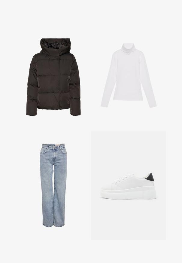 Must tõmblukkidega jope, millel on kõrge krae, tikitud muster ja kastitaoline kuju. Valmistatud siledast, kerge kaaluga materjalist, et hoida soojust.; Valge pikkade varrukate turtleneck-särk, mis on valmistatud siledast ja venivast kangast. Omab kõrget kraed ja keha lähedast lõiget, ilma nähtavate mustrite või kaunistusteta.; Heledad sinine laia jalaeest, valmistatud denimist, kõrge vöökohaga, viie tasku disainiga ja kerge tuhmumisega, mis annab kulunud välimuse.; Valged platvormsneakerid, mis on valmistatud siledast sünteetilisest materjalist, ovaalse toe, paelkinnise disaini ja tekstuurse kummitaldiga. Must kontsrihm.