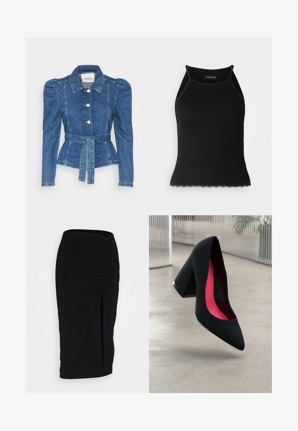 Jeansjacka med midjebälte, åtsittande liv och puffiga axlar. Mellanblå färg, strukturerad design och knäppning fram.; Svart ribbad linne med scallop-mönstrad spetskant i nederkant. Har tunna axelband och en figurnära design. Tillverkad av elastiskt tyg.; Svart, rynkad pennkjol med knytning och en sidoslits. Tillverkad av ett elastiskt tyg, med en jämn yta och figurnära design.; Svart högklackad sko med spetsig tå, texturerad yta och en livlig rosa inredning. Har en kraftig klack med silverdetaljer.