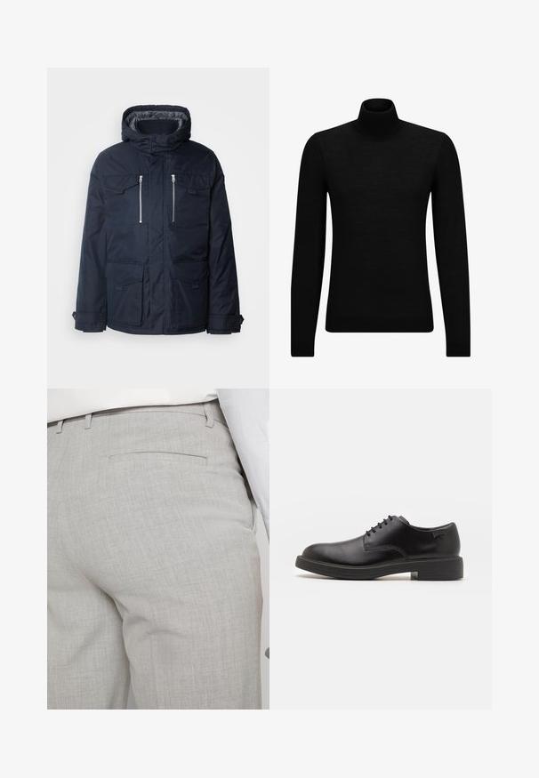 Tumesinine isoleeritud jakk, millel on kapuuts, kaks lukuga rinnataskut ja kaks esi-fliap-taskut. Kujundatud sujuva ja liitevaba viimistlusega.; Musthave muströid ja pehmest materjalist must turtleneck, millel on pikad varrukad ja tihe istuvus. Ribaga ääris allservas ja vöökohal. Lihtne disain.; Heledat hallid kohandatud püksid tekstuurse kangaga, millel on üks tagatasku ja puhas õmblus.; Must beemel levalis kingad ümarate varvastega, sileda pinnaga, minimaalsete õmblustega ja madala kummist kontsaga. Logo kontsa peal.