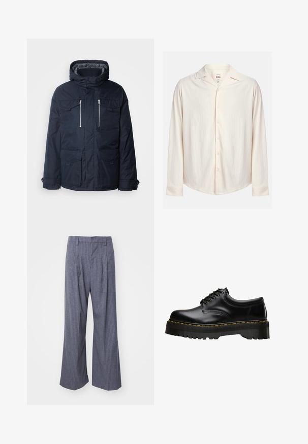 Tamsiai mėlynas šiltas švarkas su gobtuvu, dviem užtrauktukais uždaromomis krūtinės kišenėmis ir dviem priekinėmis kišenėmis su uždanga. Sukurtas su lygiu, be siūlių paviršiumi.; Kremo spalvos, ilgomis rankovėmis marškiniai su mygtukais, turintys tekstūruotą dryžuotą dizainą ir iškirptę su įdubu. Savybės: apvalus apatinis kraštas ir mygtukų akcentai.; Pilkos smailių dryžių kelnės su plačiomis kojomis, priekyje turinčios klostes ir lygaus paviršiaus tekstūrą. Nėra matomų detalių ar akcentų.; Juodas odinis batų modelis su aštriu juodu guminio pado kraštu ir geltonomis siūlėmis aplink kraštą, pasižymintis lygiu apdaila.