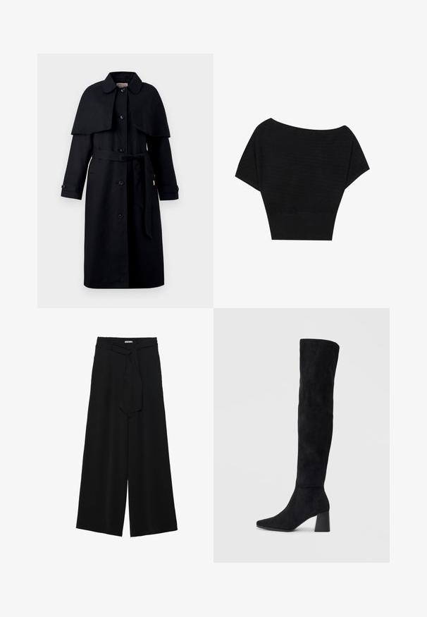 Hunter ORIGINAL KELTIE - Lietpaltis - black; Anna Field Marškinėliai su spaudiniu - black; Juoda plačių kojų kelnės, pagamintos iš tekstūruoto audinio, su elastingu juosmeniu ir atsegamu diržu juosmenyje, leidžiančiu reguliuoti dydį.; Juoda zomšinė kelio ilgio batai su blokuotu kulnu, smailiu nosiu ir lygiu, be siūlių dizainu ant paprastos šviesios fono.