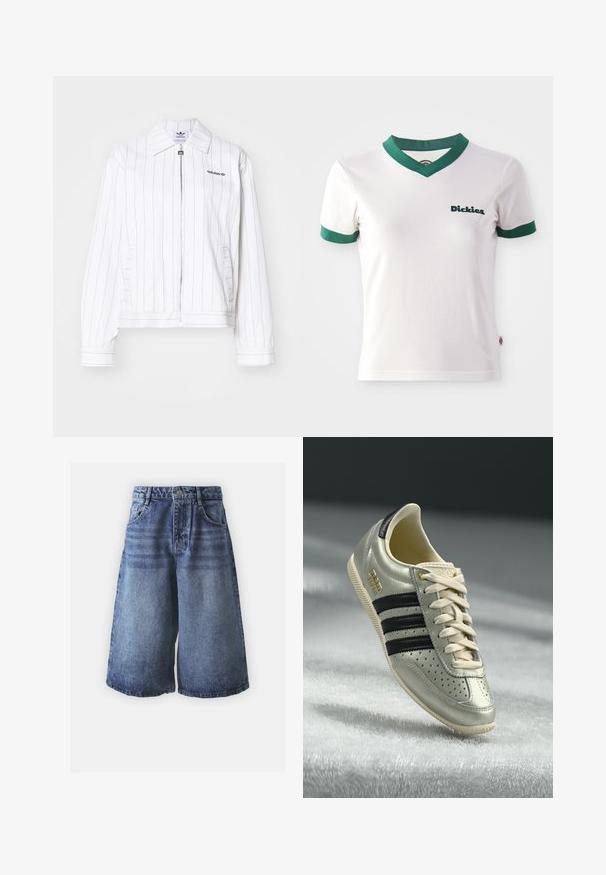 Jachetă albă cu fermoar, cu dungi verticale negre, având un guler ascuțit, buzunare laterale și sigla Adidas în negru pe piept.; Tricou alb cu mânecă scurtă, cu guler V și detalii verzi la manșete; prezintă logo-ul "Dickies" în verde închis pe partea stângă a pieptului. Textură fină din bumbac.; Scurturi din denim într-un gradient de la albastru deschis la albastru închis, cu un design clasic cu cinci buzunare, finisate cu un sistem de închidere cu nasture și picioare largi.; Adidași din piele gri deschis cu dungi negre, detalii perforate, șireturi bej și un patch cu logo auriu. Talpă din cauciuc texturat.
