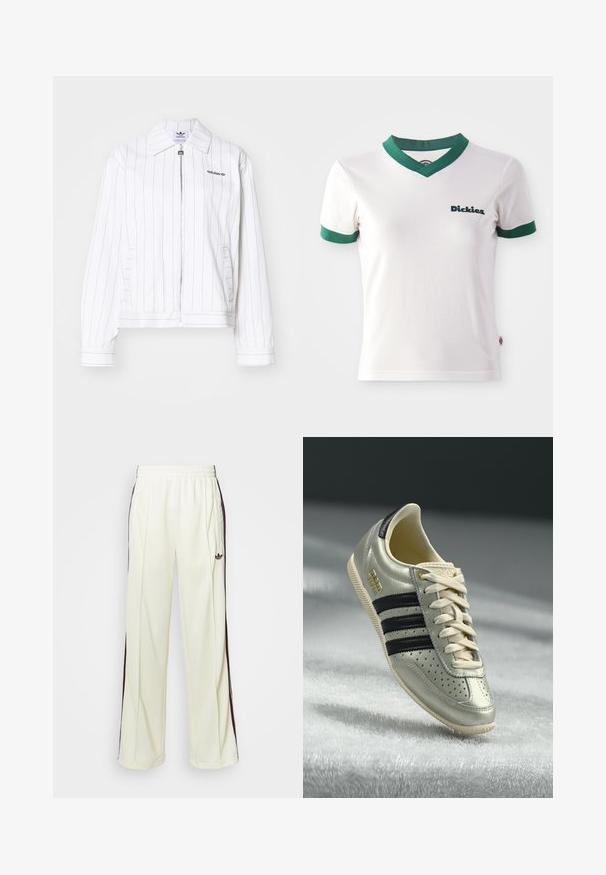 Bijela zip-up jakna s vertikalnim crnim prugama, koja ima oštar ovratnik, bočne džepove i crni Adidas logo na grudima.; Bijela majica kratkih rukava s zelenim V-izrezom i rubovima rukava; sadrži "Dickies" logo u tamnozelenoj boji na lijevoj strani prsiju. Glatka pamučna tekstura.; Kremaste trenerke s opuštenim krojem, s tamno smešnim bočnim prugama i izvezenim logom na levom bedru.; Svijetlosivi kožni tenisice s crnim prugama, perforiranim detaljima, bež pertlama i zlatnom oznakom. Teksturirana gumena potplat.