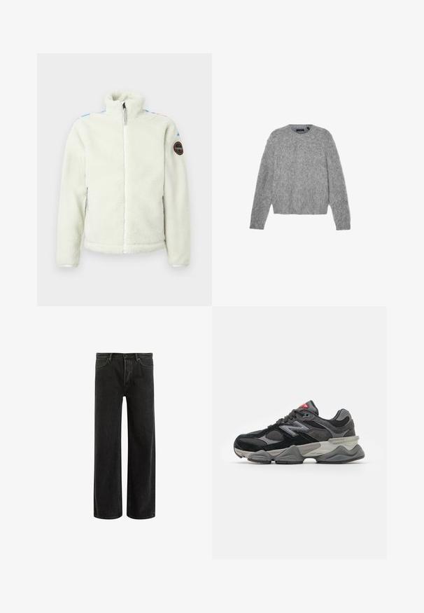 Biela fleecová bunda s vysokým golierom, zipsom, bočnými vreckami a okrúhlym nášivkom na ľavom ramene, ktorý má farebné akcenty na pleciach.; Sivý sveter s dlhým rukávom vyrobený z nadýchaného materiálu s okrúhlym výstrihom a skráteným strihom. Hladká textúra s jemným, svetlým vzhľadom.; Zelené bavlnené tričko s krátkymi rukávmi, rebrovaným okrúhlym výstrihom a vyšitým logom Nike na hrudníku. Hladká textúra a voľný strih.; Čierne džínsy s širokými nohavicami a vysokým pásom, so classic piatimi vreckami a jemným vyblednutím pre textúrovaný vzhľad.; Čierne a šedé tenisky s kombináciou semišu a sieťoviny, hrubou podrážkou, výrazným logom a červeným akcentom na jazyku.