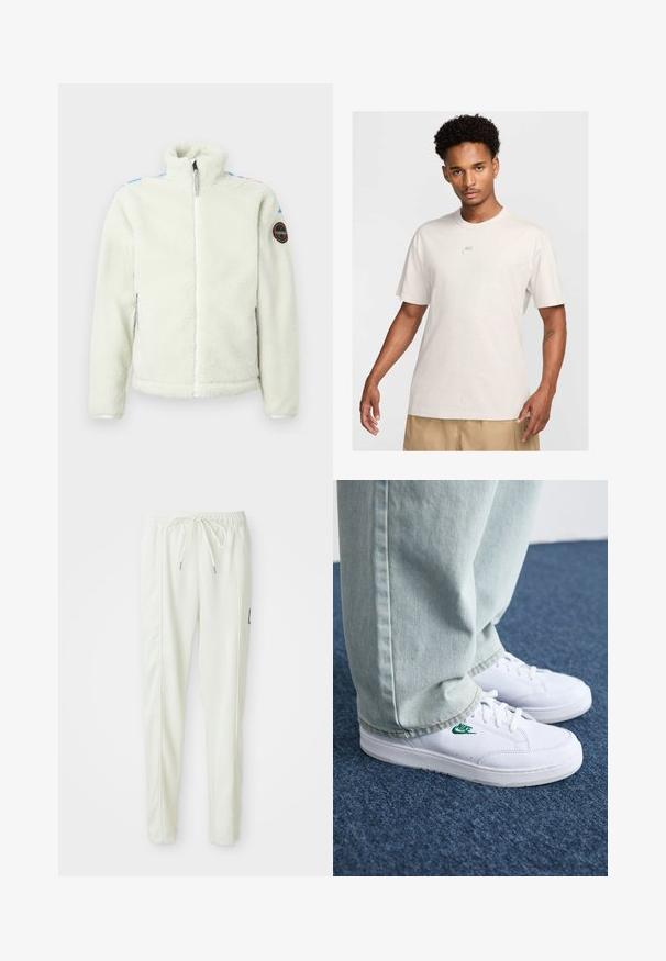 White fleece jacket with high collar, zip closure, side pockets, and a round patch on the left arm featuring colorful accents on the shoulders.; Man with short curly hair wears beige Nike t-shirt and khaki shorts, facing forward against plain light background.; White slim-fit jogger pants with elastic waistband and drawstring, featuring side seam detailing and a small black patch on the right leg.; White leather sneakers with green Nike logo, round toe, flat sole, paired with light blue denim pants, shown on a blue carpet.