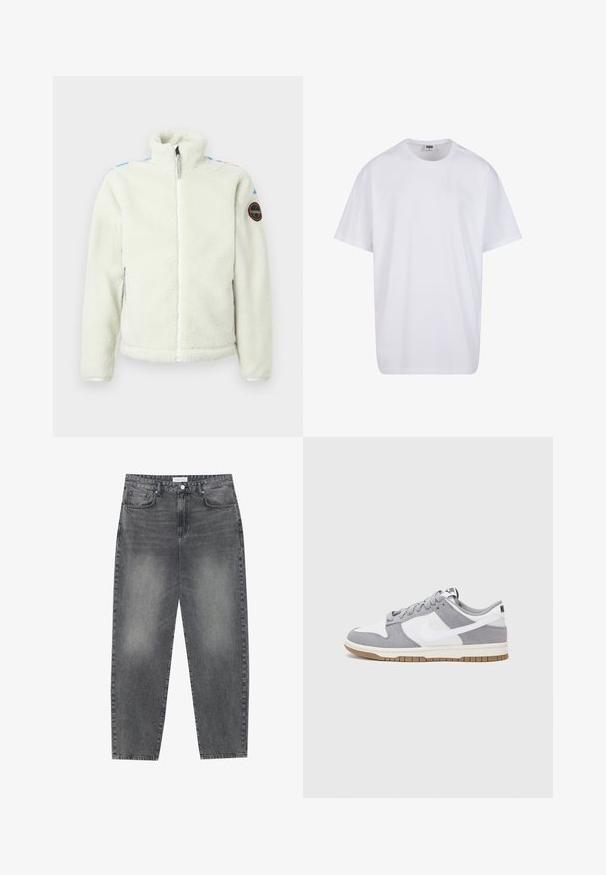 Hvid fleecejakke med høj krave, lynlåslukning, sidelommer og et rundt mærke på venstre arm med farverige accenter på skuldrene.; Hvid bomulds t-shirt med korte ærmer, rund halsudskæring, afslappet pasform, og ingen synlige logoer eller mønstre. Glat tekstur og minimalistisk design.; Høj talje, løstsiddende jeans i falmet sort denim. Har fem lommer, bæltestropper og et rent, lige ben design.; Grå og hvid sneaker med en overdel i ruskind og læder, rund tå, flade snørebånd og en gummisål med en gummifarvet detalje.