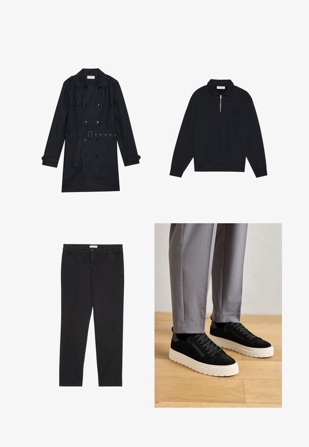 Black trench coat featuring double-breasted design, shiny black buttons, a belted waist, and two front pockets. Smooth, textured fabric.; Pier One Sweatshirt - black; Black cotton trousers with a slim fit, featuring two side pockets and a front button closure. Textured fabric with subtle detailing.; Black suede sneakers with a textured finish, featuring a white rubber sole and decorative side zipper detail, worn with gray trousers.