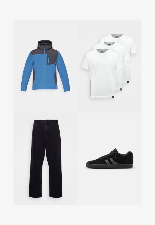 CMP MAN JACKET ZIP HOOD - Veste softshell - bluestone/antracite; Trois t-shirts en coton blanc uni à manches courtes. Chaque t-shirt présente un col rond et une petite étiquette de logo noire sur le côté gauche.; Pantalons en denim noir avec une coupe droite, dotés d'une fermeture à bouton et à zip, de passants de ceinture et de coutures minimales.; Baskets de skateboard en daim noir avec semelles en caoutchouc foncé, dotées de bandes latérales grises et de lacets assortis, conçues pour le confort et la durabilité.