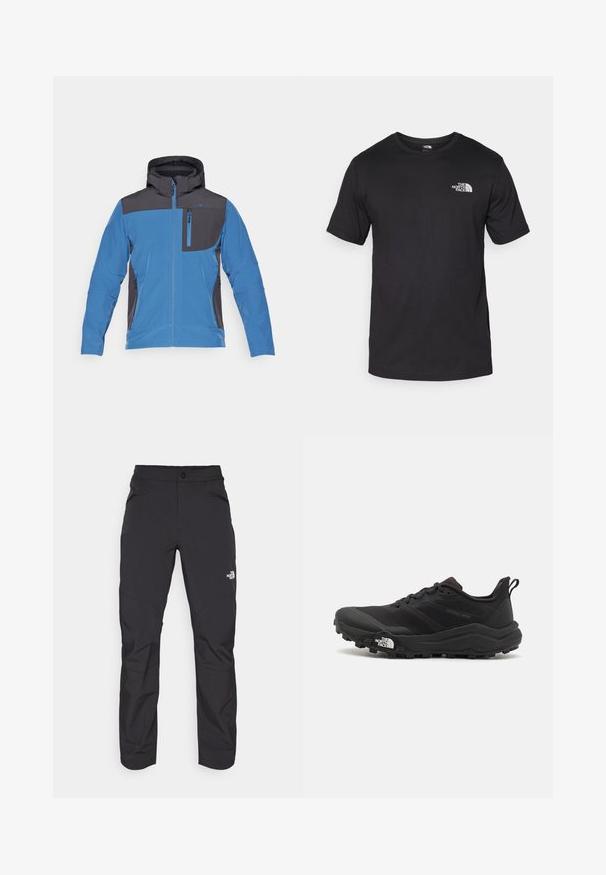 CMP MAN JACKET ZIP HOOD - Softshelljas - bluestone/antracite; Zwarte T-shirt met korte mouwen van katoen, voorzien van een ronde halslijn en een klein wit logo op de bovenste linkerkant van de borst.; Zwarte outdoor broek met een ritssluiting voorzak, synthetisch materiaal, taps toelopende benen en versterkte kniestukken. Voorzien van een knoopsluiting.; Zwarte trailrunning schoen met een gestructureerde bovenkant, rubberen zool en versterkte neus. Voorzien van een gevoerde kraag en een trekhaak voor eenvoudig aan- en uittrekken.