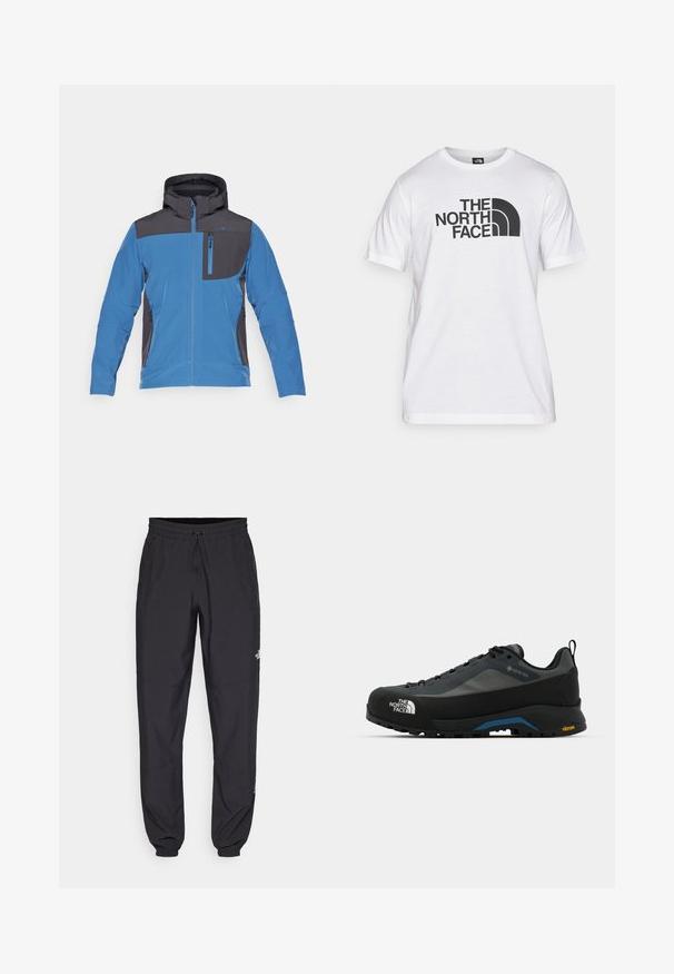 CMP MAN JACKET ZIP HOOD - Soft shell jacket - bluestone/antracite; White cotton t-shirt featuring a black graphic print with text and a curved logo design. Round neckline and short sleeves. Plain texture.; Black athletic pants made from lightweight fabric, featuring a drawstring waistband, side pockets, and tapered cuffs at the ankles.; The North Face VERTO ALPINE GORE TEX - Hiking shoes - asphalt grey/tnf black