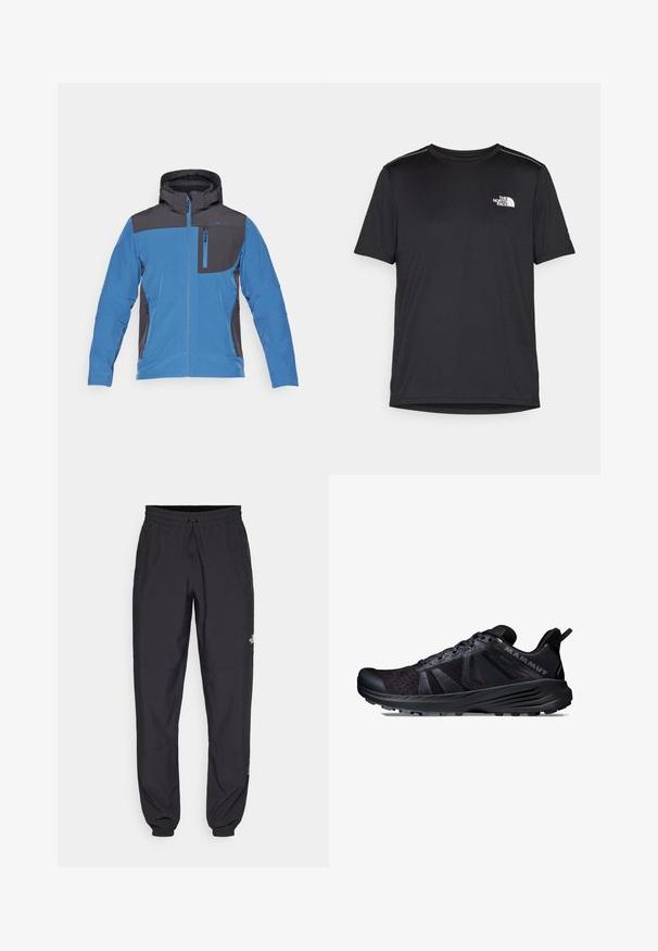 CMP MAN JACKET ZIP HOOD - Softshell jakker - bluestone/antracite; Sort t-shirt med korte ærmer lavet af letvægtsstof. Har et lille hvidt logo på venstre bryst og diskrete skuldrelementer.; Sorte atletiske bukser lavet af letvægtsstof, med en snor i taljen, sidelommer og tapered manchetter ved anklerne.; Sort trail løbesko med mesh og syntetisk overdel, tekstureret ydersål, forstærket tåkap og fremtrædende logo på siden.