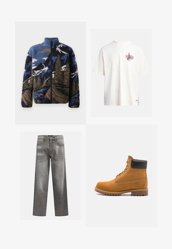 Fleecejas met hoge kraag, voorzien van een meerkleurig berglandschappatroon in blauwtinten, bruintinten en groentinten; met een ritssluiting aan de voorkant.; Crème katoenen t-shirt met korte mouwen en een ronde hals. Kenmerkt een grafische print in blauw en rood met tekst en een motief.; Grijze denims met een losse pasvorm, voorzien van whiskering en vervagingdetails, een klassieke vijf-pocketontwerp en een knoopsluiting.; Tan suède enkelboot met zwart gevoerd kraagje, gouden metalen oogjes, witte stikdetails en een robuuste rubberen zool met uitgesproken profiel.