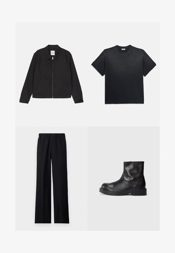 sandro JACKET - Let jakke / Sommerjakker - noir; Sort bomuld t-shirt med rund halsudskæring og korte ærmer. Har en afslappet pasform, glat tekstur og minimalistisk design.; sandro LARGE - Bukser - noir; Sorte læderankelstøvler med en rund tå, glat tekstur og en kraftig sort gummisål. Minimalistisk design uden synlig hardware.