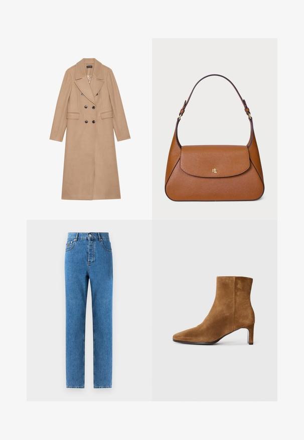 Beige, dubbelknäppt kappa med slagkrage, tillverkad av ett mjukt material. Har svarta knappar och två framfickor. Långärmad design.; Beige polokrage tröja i mjuk stickad tyg, med långa ärmar och en diskret logotyp på bröstet. Ribbad mudd och fåll.; Jeans i medelblått denim med rak passform, fem fickor, knappgylf och ljus blekning på tyget för subtila texturvariationer.; Brun mockaläder ankelstövel med spetsig tå och smal medelhög klack, sidovy på vit bakgrund.; Brun läderhandväska med en strukturerad design, en platt lockflik och ett enda böjt handtag. Utrustad med guldhardware och präglad logotyp.