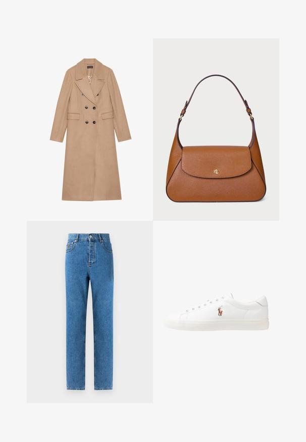 Beige, dobbeltradet frakke med en klapkrave, lavet af et blødt stof. Har sorte knapper og to forlommer. Langærmet design.; Beige turtleneck sweater lavet af blødt strikstof, med lange ærmer og et subtilt mærkelogo på brystet. Ribbet manchetter og kant.; Jeans i medium blå med lige snit, fem lommer, en knaplukning og let fading på stoffet for en subtil teksturvariation.; Hvide lædersneakers, lavtop design, med en glat tekstur, rund tå, snørret front og et lille broderet logo på siden.; Brun læder håndtaske med et struktureret design, en flad topflap og en enkelt buet rem. Har guld hardware med prægede logoer.