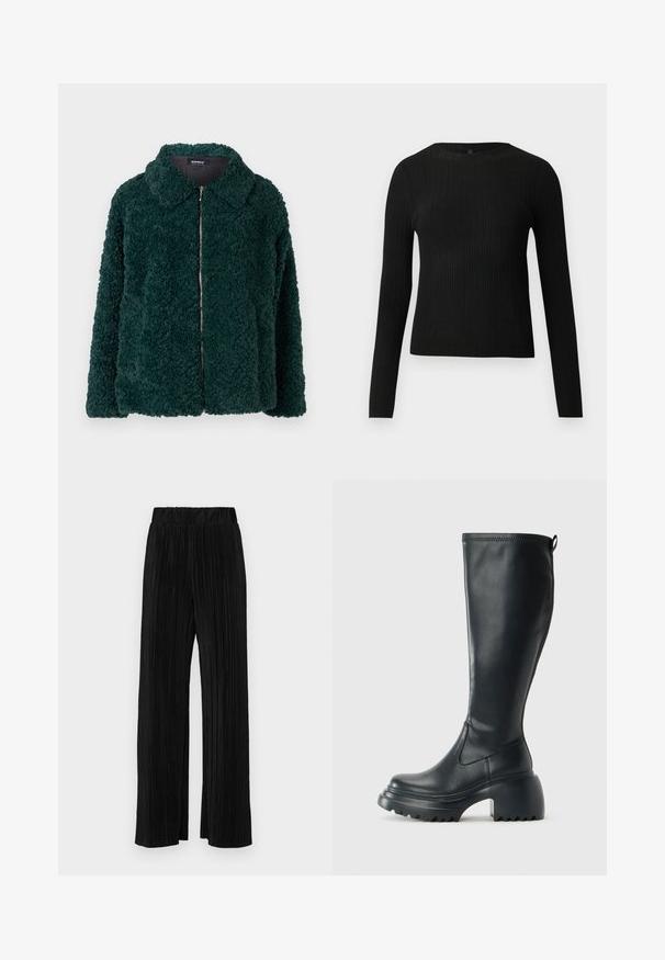 Zelená, nadýchaná fleecová bunda s golierom a predným zipsom. Má textúrovaný povrch a voľný strih.; Čierny rebrovaný pulóver s dlhým rukávom, priliehajúci, s okrúhlym výstrihom, vystavený na jednoduchom svetlom pozadí.; Čierne plisované nohavice s elastickým pásom. Majú široké nohavice a hladkú, textúrovanú látku s vertikálnymi pruhmi.; Vysoká čierna kožená čižma s masívnou platformou a blokovým podpätkom, s praktickým pútkom a textúrovaným vzorom na podošve.