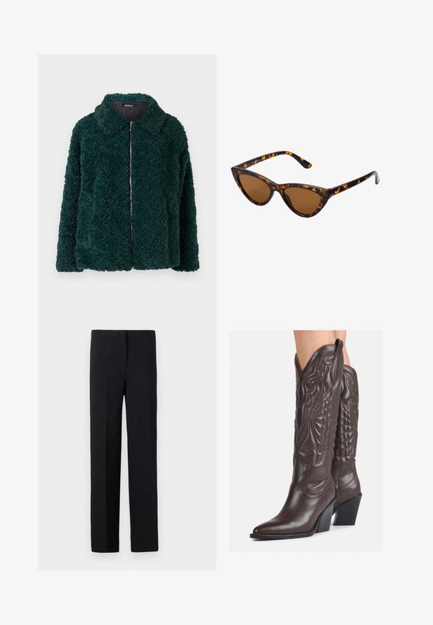 Veste en polaire verte et moelleuse avec col et fermeture éclair à l'avant. Présente une surface texturée et une coupe ample.; Haut noir à manches longues en dentelle texturée, présentant un col festonné et un design ajusté avec une silhouette courte.; Pantalons noirs ajustés à coupe droite, avec une texture lisse et sans motifs visibles. Taille standard et finition soignée.; Bottes de cowboy en cuir marron avec un bout pointu et un talon bloc, présentant des coutures détaillées et des accents en relief sur la tige.; Lunettes de soleil style œil de chat avec une monture en écaille de tortue noire et orange, verres marron et pointes effilées et élégantes. Présente un logo minimaliste sur la branche.