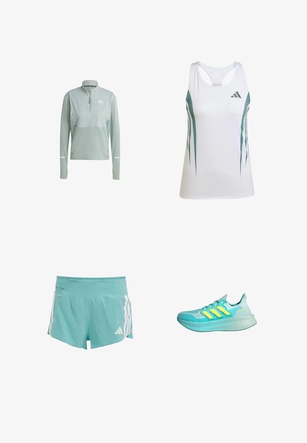 Svetlozelený športový pulóver s polovičným zipsom, štruktúrovaná tkanina, biele logo na hrudi a reflexné akcenty na rukávoch.; Biely športový top s tehlovými akcentmi a geometrickým vzorom. Má pretekársky strih a ľahkú, štruktúrovanú tkaninu.; Svetlo modré atletické šortky s textúrovanou tkaninou, bielymi bočnými pruhmi a vreckom na páse na úložný priestor. Vhodné na športové aktivity.; Svetlomodrá športová obuv s textúrovaným zvrškom, tromi žltými pruhmi, polstrovaným golierom a hrubou, mäkko polstrovanou podrážkou.