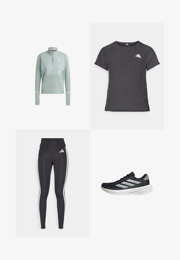 Hellgrüner Sportpullover mit halbem Reißverschluss und texturiertem Stoff, weißem Logo auf der Brust und reflektierenden Akzenten an den Ärmeln.; Kurze Ärmel Sport-T-Shirt, dunkelgrau mit durchbrochener Textur. Enthält ein weißes Logo und kontrastierende Seitenstreifen. Runder Ausschnitt.; Schwarze Leggings mit hohem Bund, ausgestattet mit weißen Seitenstreifen und einem kleinen weißen Logo am oberen linken Oberschenkel. Hergestellt aus glattem, dehnbarem Material.; Schwarzer Laufschuh mit Mesh-Obermaterial, drei silbernen Streifen, weißer Zwischensohle und strukturiertem Außensohle. Verfügt über einen gepolsterten Schaft und eine Schnürung.