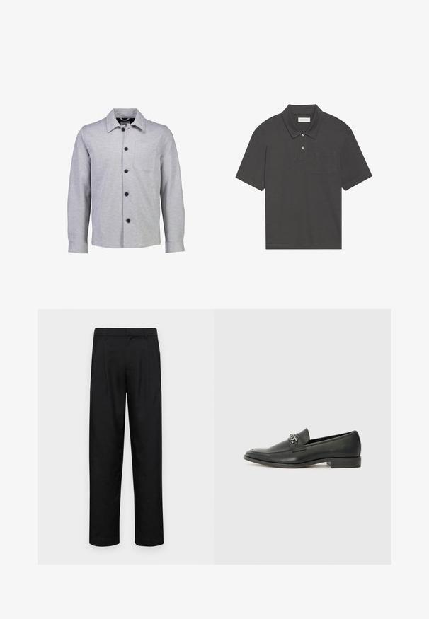 Grå knapp-up jacka tillverkad av mjukt tyg. Har en spetsig krage, långa ärmar, ficka fram och svarta knappar.; Mörkgrå pikétröja med en traditionell krage, treknappslå, korta ärmar och en ficka på vänster bröst. Slät tygtextur.; Svarta byxor i slät väv, med rak ben-design, två framfickor och standardmidja med bälteshällor.; Svart läderloafers med en slät yta, med en sydd design och en dekorativ metallkedjeaccent över västen. Platt häldesign.