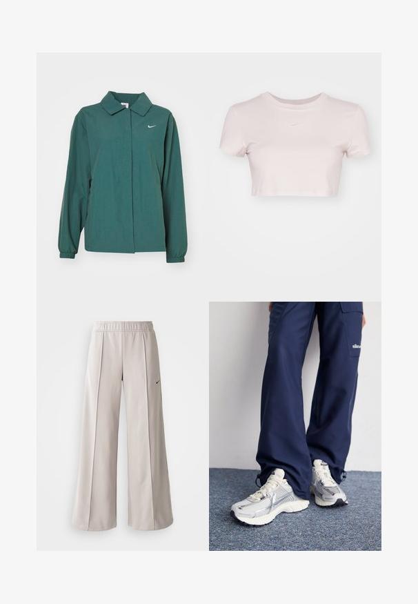Zelená, ľahká bunda s golierom, elastickými manžetami a predným zapínaním. Obsahuje malé biele logo Nike na ľavej hrudi.; Skraćené tričko svetloružovej farby, vyrobené z mäkkej tkaniny. Má okrúhly výstrih a krátke rukávy s malým bielym logom Nike na hrudi.; Svetlo šedé nohavice s širokým strihom vyrobené z hladkej tkaniny. Obsahujú elastický pás a čierne logo Nike na ľavej strane.; Športové topánky Nike s strieborným sieťovaným zvrškom, bielymi detailmi a textúrovanými podrážkami, skombinované s voľnými námorníckymi nohavicami.