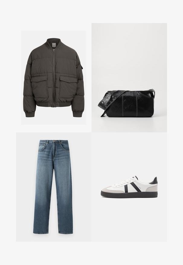 Puffjakke i mørkegrått med ribbet krage, hel glidelås og to frontlommer. Kviltet tekstur med en litt cropped silhuett.; Olivengrønn strikket genser med rund hals, lange ermer og ribbede mansjetter. Har et teksturert mønster og en avslappet passform.; Rett ferdige blå denim-jeans med en falmet vask, som har fem lommer, metallknapp og beltehaller. Strukturert, middels tykt stoff.; Hvite sneakers med svarte og grå detaljer, med en teksturert grå tåhette, svart gummisåle, og flate hvite lisser. Rent design, minimalistisk stil.; Svart lær skulderveske med glidelås, med teksturert overflate, hvite sømmer og en stropp med sølvringer.