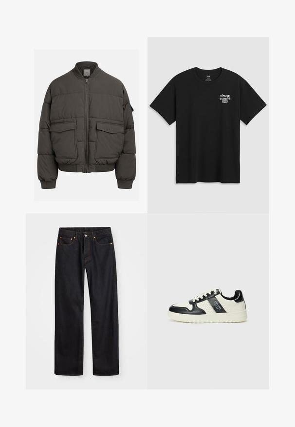 Tumed hallide puhvjakas, millel on ribatud krae, täispikk tõmbluku sulgemine ja kaks esimest taskut. Läbiv õmblustest koosnev tekstuur ning veidi lühendatud siluett.; Must musta t-särk, millel on rinnakrüpt, mis ütleb "KESKKOND" valgel stiliseeritud fontidega ja "Levi's" all. Klassikaline ümar kaelus.; Meeste sirge jala mustad denim teksad viie taskuga, oranž õmblus, nupu ja tõmblukuga ees nagu vöökoht.; Nahatud nahkkingad musta ja kreemi värviskeemiga, millel on perforeeritud aktsendid, pehme krae ja tekstureeritud tallad.