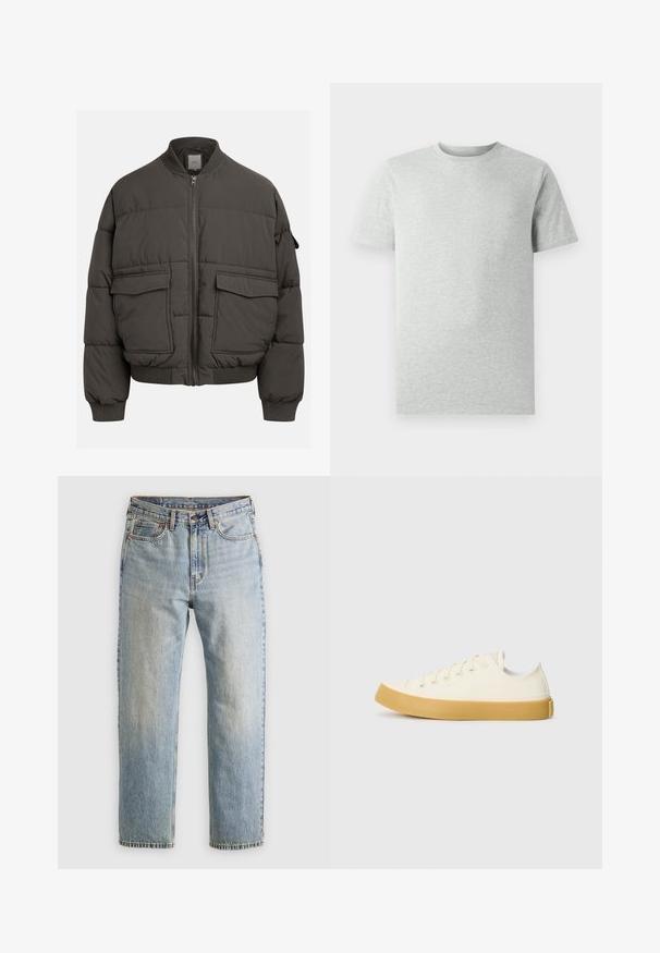 Pufová bunda v tmavošedej farbe s ribovaným golierom, plným zipsom a dvoma prednými vreckami. Prešívaná textúra s mierne skráteným strihom.; Jednoduché svetlošedé tričko s krátkym rukávom a okrúhlym výstrihom, vystavené na bielom pozadí, pohľad z prednej strany bez viditeľných log a dizajnov.; Svetlomodré džínsy s vysokým pásom, predným gombíkom, zipsom a dizajnom s piatimi vreckami, rozložené na neutrálnom pozadí.; Plátne tenisky v off-white farbe s okrúhlym špičkou, s béžovými gumovými podrážkami a piatimi dierkami na šnúrky, textúrovaný povrch na hornej časti.