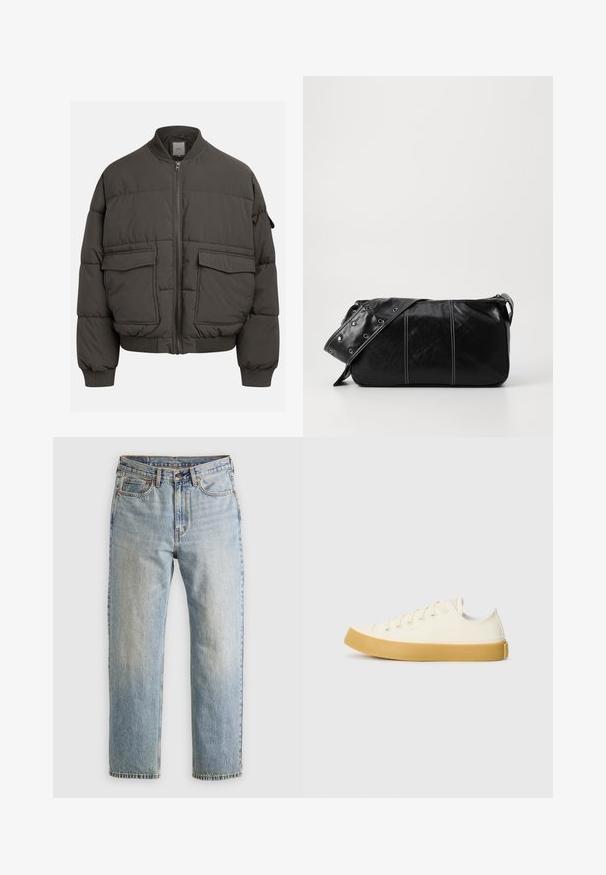 Tumši pelēks pūkains mētelis ar ribotu apkakli, pilnu rāvējslēdzēju un divām priekšējām kabatām. Kvadrātveida struktūra ar nedaudz saīsinātu siluetu.; Gai pelēks īsām piedurknēm T-kreklis ar apaļu kakla izgriezumu, attēlots uz baltas fona, priekšskats bez redzamām logo vai dizainiem.; Gai zila denima bikses ar augstu jostasvietu, priekšējo pogu, rāvējslēdzēju un piecu kabatu dizainu, izlīdzinātas uz neitrāla fona.; Kanvasas tenisa apavi ofē un balta krāsā ar apaļu purngali, ar beicu gumijas zole un piecām acīm šņorēšanai, teksturēta virsma augšdaļā.; Melnas ādas plecu soma ar rāvējslēdzēja aizdari, ar teksturētu virsmu, baltu dūrienu un siksnu ar sudraba iekavām.