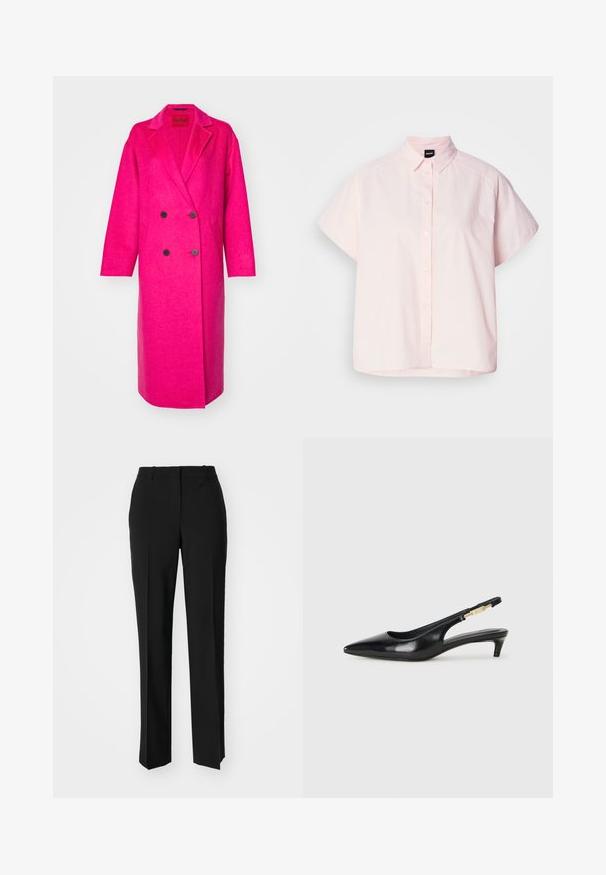 HUGO MANEKA - Klasisks mētelis - bright pink; Gaišs rozā īsām piedurknēm pogājams krekls, izgatavots no kokvilnas. Iespējas ietver klasisku apkakli, priekšējās pogas un izliekto apakšmali. Gluda tekstūra.; Melnas pielāgotas bikses ar taisnu kāju dizainu, kas raksturojas ar gludu faktūru un asiem krokām pa priekšu. Nav redzamu metāla detaļu.; Melnas ādas slingback zābaki ar smailu purngalu, ar šauru papēdi un zelta krāsas akcentu uz regulējama siksniņas. Gluda tekstūra.