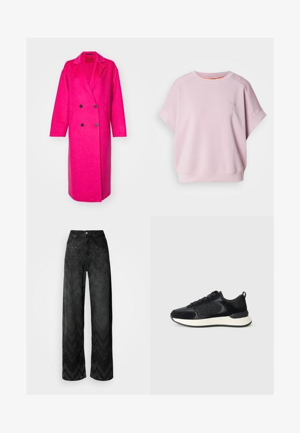 HUGO MANEKA - Klasszikus kabát - bright pink; Rózsaszín kapucnis pulóver, puha anyagból készült, laza szabással, rövid ujjú, az elején egy kis hímezett logóval.; Zigzag textúrájú, bővülő szárú fekete farmernadrág. Denimből készült, gombos záródással és két elülső zsebével rendelkezik.; Fekete sportcipő sima bőr felsőrésszel, velúr részletekkel, kerek orrral és kontrasztos fehér középtalppal. Fűzős záródás és logó részlet található rajta.