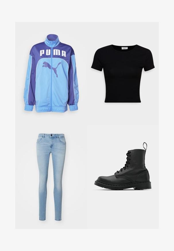 Sinine ja lilla PUMA jopesärk kõrge kraega, täispikk lukk ja elastsed mansetid. Ees on suur logo ja külgedel kujutis hüppavast pumast.; Musthave musta lühikeste varrukatega T-särk, mis on valmistatud siledast puuvillakangast, ümarama kaelusega ja sobiva lõikega. Minimalistlik, ilma nähtavate mustriteta.; Heled sinised kitsad teksad, valmistatud denimist, kõrge vöökohaga, viie tasku disainiga ja kerge kulumisega, et luua juhuslik välimus.; Mustad mustavi combat kingad ümmarguse varbaga, paeltega esiosa ja säärel tõmbeaas. Omab paksu kummist tallat, mis tagab vastupidavuse.