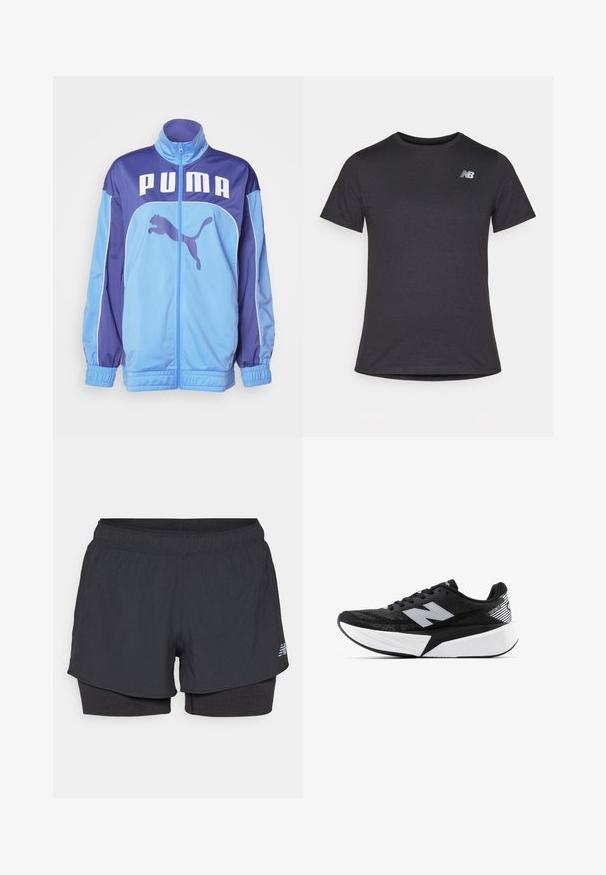 Blue and purple PUMA track jacket with high collar, full zip, and elastic cuffs. Features large logo on front and side graphic of a leaping puma.; Black short-sleeve t-shirt made of soft fabric, featuring a small gray New Balance logo on the upper left chest, classic crew neck design.; Black athletic shorts with an inner lining, featuring an elastic waistband, smooth texture, and a reflective logo on the side.; Black and white New Balance running shoe with thick sole, mesh upper, and "N" logo on the side, viewed from the outer side.