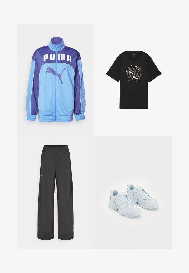 Modrá a fialová PUMA športová bunda s vysokým golierom, plným zipsom a elastickými manžetami. Obsahuje veľké logo na prednej strane a bočný grafický motív skáčúceho pumy.; Čierne bavlnené tričko s krátkym rukávom, na ktorom je dizajn listu v odtieňoch šedej so zlatými akcentmi a okrúhlym výstrihom.; Čierne atletické nohavice so širokým pásom, bočnými vreckami a plochými švami. Obsahujú malé logo na ľavej nohavici. Vyrobené z hladkého a elastického materiálu.; Svetlo modré športové topánky s sieťovinovým a syntetickým zvrškom, s bielymi bodkami a reflexnými prvkami, so šnurovaním a polstrovanou podrážkou.