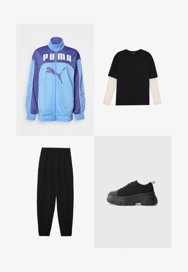 Mėlyna ir purpurinė PUMA sportinė striukė su aukšta apykakle, pilnu užtrauktuku ir elastingais rankogaliais. Savybė - didelis logotipas priekyje ir šoninė grafika su šuoliuojančiu pumą.; Juodas medvilninis marškinėliai su trumpomis rankovėmis, virš baltos ilgo rankovio sluoksnio, turinčio subtilų tekstūrinį raštą. Apvalus iškirpimas.; Juodi, lengvi kelnių su elastinga juosmens juosta ir surinktais kulkšniais. Audinys yra lygus ir turi atsipalaidavusį, siaurėjantį dizainą.; Juodos sportinės bateliai su stambiu guminiais padu, tekstūrizuotu audinio viršumi, apvaliu pirštu ir raištelių uždarymu. Yra sutvirtinti akių angos ir nugaros kilputė.