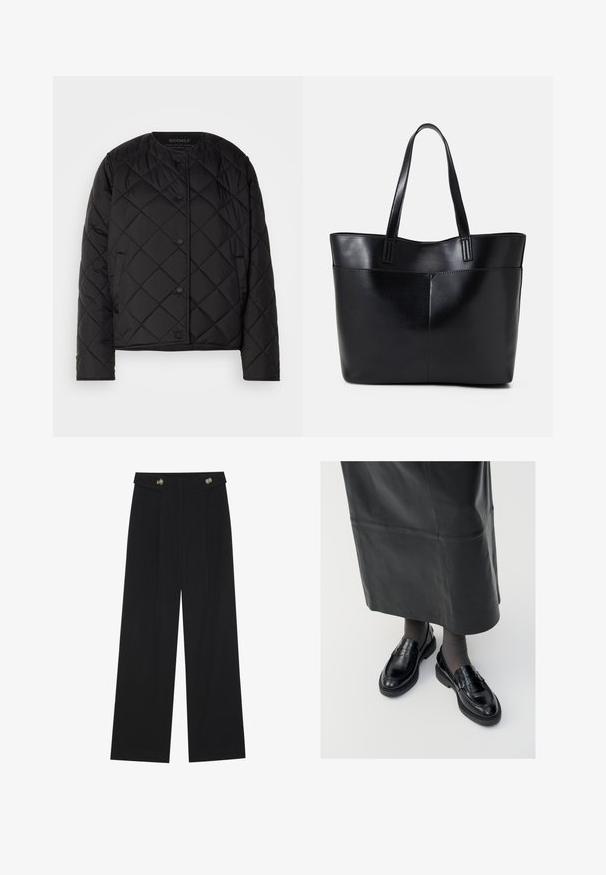 Μαύρο πλισέ μπουφάν με στρογγυλή λαιμόκοψη, κλείσιμο με κουμπιά και πλαϊνές τσέπες. Φτιαγμένο από μαλακό ύφασμα με υφασμάτινο απαλό σχέδιο σε διαμάντι.; Μακρυμάνικη μπλούζα με στρογγυλή λαιμόκοψη που διαθέτει μαύρο και άσπρο ριγέ σχέδιο. Φτιαγμένη από μαλακό ύφασμα σε κανονική εφαρμογή. Καθαρός, μινιμαλιστικός σχεδιασμός.; Μαύρο παντελόνι φόρμας σε φαρδιά γραμμή με ψηλή μέση, κουμπιά στη μέση και πλαϊνές τσέπες.; Μαύρες δερμάτινες loafers με λεία φινίρισμα, που διαθέτουν διακοσμητική ταινία, στρογγυλή μύτη και υφασμένη σόλα. Φορεμένες με μία μακριά μαύρη δερμάτινη φούστα.; Μαύρη δερμάτινη τσάντα tote με δύο μακριούς ιμάντες, λεία υφή και δομημένο σχήμα. Διαθέτει μπροστινή τσέπη για επιπλέον αποθήκευση.