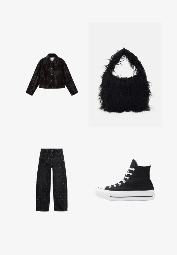 Černá džínová bunda s texturovaným vzorem, předními kapsami, knoflíkovým zapínáním a zkráceným střihem, se stříbrnými kovovými doplňky.; Bílá zkrácená blůza s nabíranými krátkými rukávy a elastickým volánkovým výstřihem, pasem a manžetami rukávů.; Černé denimové široké kalhoty s vzorem malých stříbrných očínek, klasickým pětikapsovým designem a zapínáním na knoflík.; Černý plátěný sneaker s vysokým střihem, bílými očky, tkaničkami a gumovou podrážkou. Obsahuje texturovanou špičku a černobílé pruhy.; Even&Odd Velká kabelka - black