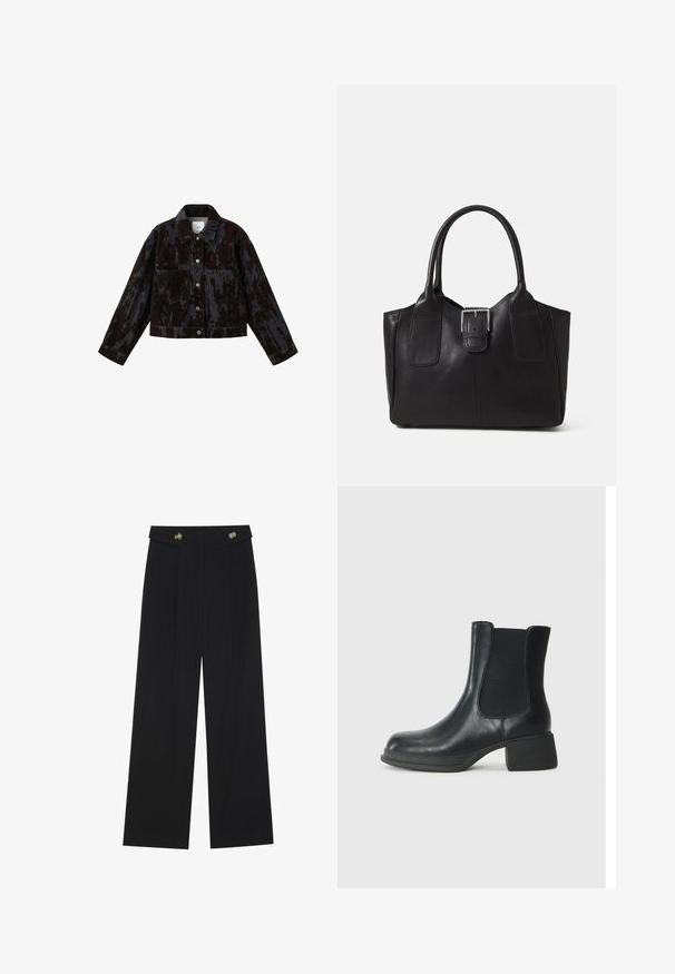 Crna traper jakna s teksturiranim uzorkom, prednjim džepovima, kopčanjem na dugme i skraćenim dizajnom, s akcentima od srebrnog tona.; Crna majica dugih rukava s proširenim manžetama, mekanim materijalom i opuštenim krojem, s jednostavnim okruglim izrezom.; Crne hlače širokih nogavica s visokim strukom, s dugmadi na pojasu i prednjim nabora.; Crne kožne čizme do članka s elastičnim bočnim panelima, zaobljenim vrhom i niskom blok petom. Površina ima glatku teksturu i minimalne detalje.; Crna kožna torba za nošenje s glatkom teksturom, strukturiranim oblikom, dvije ručke i istaknutim srebrnim kopčanjem na prednjoj strani.