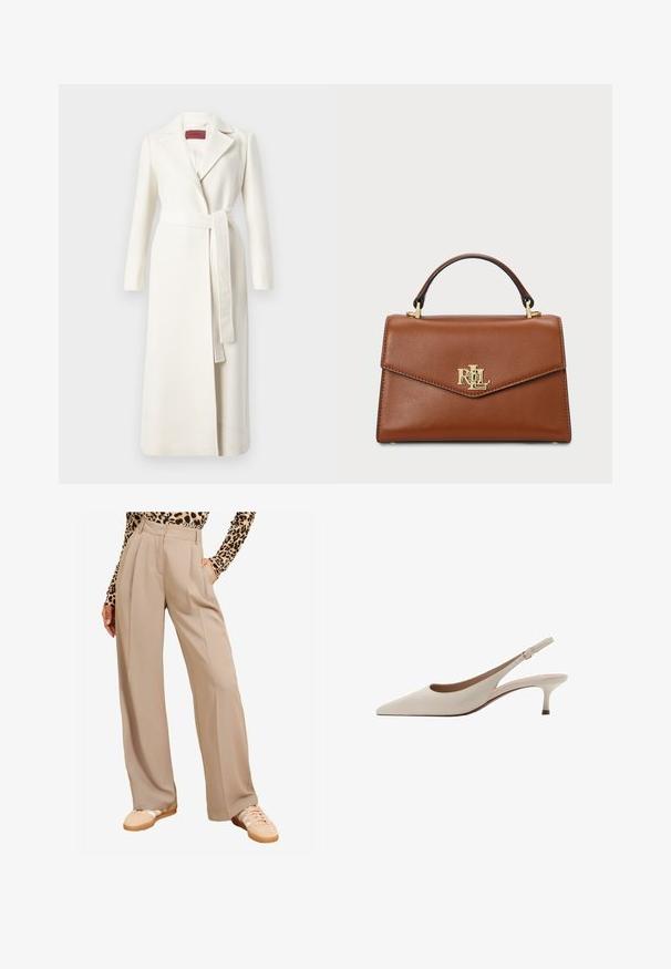 MAX&Co. PURE LONG - Klasický kabát - ivory; Béžový svetr s dlouhým rukávem a splývavým výstřihem, vyrobený z měkkého materiálu, s jemnou texturou a kontrastním prošíváním podél lemu.; Beige široké kalhoty s puky, obsahující kapsy a hladkou texturu. Spárováno s béžovými teniskami a topem s leopardím potiskem.; Béžové lodičky na podpatku s špičatou špičkou a nízkým rozšířeným podpatkem. Vyrobené z hladké kůže s minimalistickým designem a nastavitelným páskem.; Hnědá kožená kabelka se strukturovaným designem, horním uchopovacím madlem, zlatými kovovými prvky a akcentem loga na přední straně. Hladká textura.