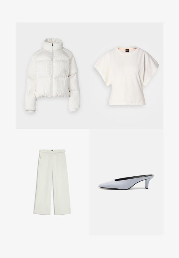 Hvid cropped pufferjakke med vertikal ribbet tekstur, høj krave, lynlås lukning foran og elastiske manchetter. Har sidelommer.; Hvid cropped T-shirt, korte brede ærmer, blødt bomuldsstof, rund halsudskæring med diskret orange kant, minimalistisk design uden mønstre eller grafik.; Bredde bukser i lys cremefarvet stof, med sidelommer, flad front og en enkelt knaplukning i taljen. Glat tekstur.; Lys blå patentlæder mule med spids tå, lav gennemsigtig hæl og et elegant design med udskæring ved vamps.
