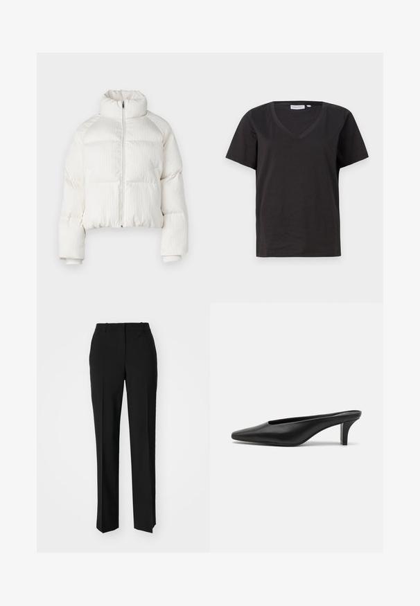 Hvid cropped pufferjakke med vertikal ribbet tekstur, høj krave, lynlås lukning foran og elastiske manchetter. Har sidelommer.; Sort bomulds T-shirt med V-hals og korte ærmer. Enkel design med regular fit og ingen mønstre eller accenter.; Sorte skræddersyede bukser med lige ben-design, der har en glat tekstur og skarpe folder langs fronten. Ingen synlige hardware.; Sorte læder mules med spids tå og lav stiletto hæl. Glat tekstur, minimalistisk design og åben bagdel for nem påtagning.