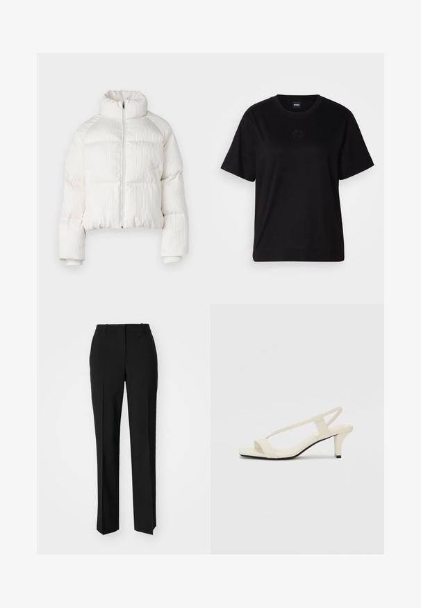 Weißer, gekürzter Pufferjacke mit vertikaler gerippter Textur, hohem Kragen, Frontreißverschluss und elastischen Bündchen. Mit seitlichen Taschen.; Schwarzes Baumwoll-T-Shirt mit Rundhalsausschnitt, kurzen Ärmeln und aufgesticktem Logo auf der Brust. Einfacher, lässiger Schnitt ohne Muster.; Schwarze, taillierte Hose mit geradem Bein, aus einem glatten Stoff und mit klaren Falten an der Vorderseite. Keine sichtbare Hardware.; Beige Blockabsatzsandalen mit dünnen Riemen und quadrater Spitze. Glattes Material mit minimalem Design, entworfen für einfaches Tragen.