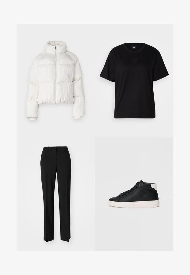 Jachetă puffer albă, scurtă, cu textură verticală și cordon înalt, închidere frontală cu fermoar și manșete elastice. Include buzunare laterale.; T-shirt negru din bumbac, cu guler rotund, mâneci scurte și un logo brodat pe piept. Design simplu, cu o croială relaxată și fără modele.; Pantaloni negri tailor-ed cu un design drept, având o textură fină și cute clare pe față. Fără elemente de prindere vizibile.; Tenisari negri cu vârf înalt, din piele netedă, cu talpă din cauciuc alb, având șireturi rotunde, guler căptușit și un accent contrastant la călcâi.