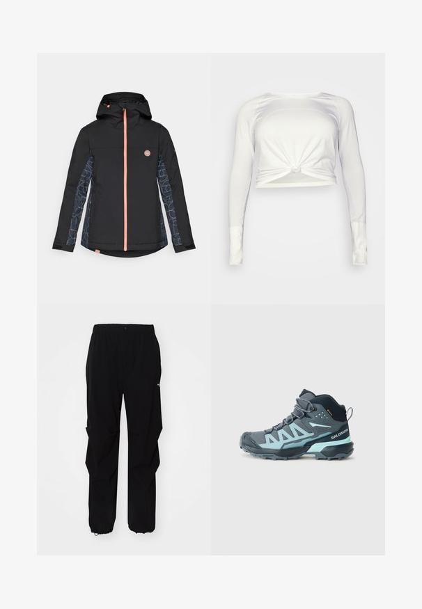 Čierna nepremokavá bunda s kapucňou, s oranžovým zipsom a geometricky vzorovanými rukávmi v námorníckej modrej a svetlomodrej farbe. Logo na hrudi.; lululemon SWIFTLY TECH LONG SLEEVE - Top s dlhým rukávom - white/white; Čierne vonkajšie nohavice vyrobené z odolného materiálu, s voľným strihom, elastickým pásom a sťahovacími manžetami pre nastaviteľnú dĺžku.; Pohodlné turistické topánky stredného strihu v tmavošedej farbe s svetlomodrými akcentmi. Majú textúrovaný zvršok, zosilnenú špičku a robustnú podrážku pre lepšiu priľnavosť.