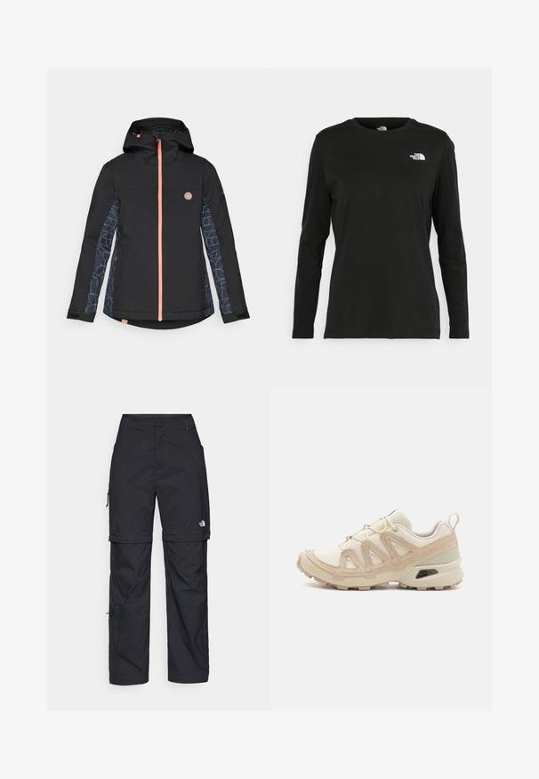 Melnas ūdensizturīgas jakas ar kapuci, ar oranžu rāvējslēdzēju un geometriska raksta piedurknēm tumši zilos un gaiši zilajos toņos. Logo uz krūtīm.; Melnas garām piedurknēm T-krekls, izgatavots no kokvilnas ar apaļu kaklu. Tam ir mazs balts logo kreisajā krūtīs. Vienkāršs dizains un piegulums.; Melni nailona bikses ar noņemamām kājām, regulējamiem uzmavām, vairākām kabatām un logotipu uz labās kājas. Gluda, viegla tekstūra.; Beige un krēma sporta apavi ar strukturētu tīkla virsmu, atbalstošajiem slāņiem un gumijas zoli ar protektoru rakstu, kas nodrošina saķeri.