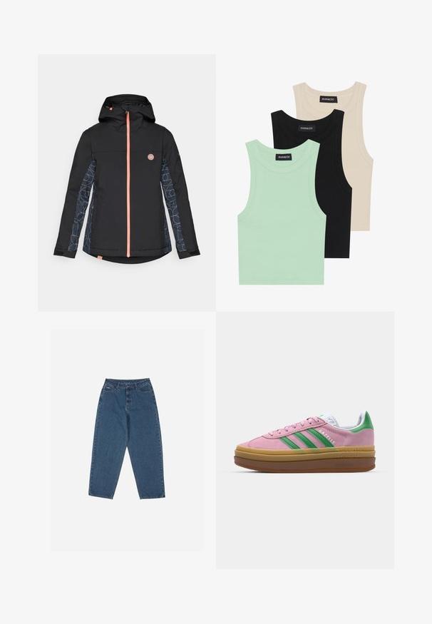 Chaqueta impermeable negra con capucha, con un zipper naranja y mangas con un patrón geométrico en azul marino y azul claro. Logotipo en el pecho.; Tres camisetas sin mangas en verde menta, negro y beige; hechas de tela acanalada con un escote redondo. Etiqueta de la marca visible.; Vaqueros de denim azul con un corte relajado, cintura alta, diseño de cinco bolsillos y acentos de costura. Cuenta con un cierre de botón y cremallera.; Zapatillas de ante rosa con rayas verdes, acentos blancos y una suela de goma marrón. Presentan un tejido texturizado y detalles del logo en el costado.
