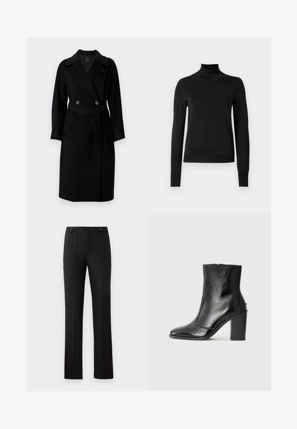 WEEKEND MaxMara RESINA - Klasisks mētelis - nero; Melnas garām piedurknēm turtlenecks džemperis ar ribotām aprocēm un apakšmali, attēlots uz vienkārša balta fona.; Melnas pielāgotas bikses ar taisnu kāju, divām priekšējām kabatām, pogu aizdari un liekumu detaļām priekšpusē. Gluda auduma tekstūra.; Melnas ādas potīšu zābaki ar gludu tekstūru, smailu purngalu un masīlu augstu papēdi. Iekļauts sānu atvērums un minimālistisks dizains.