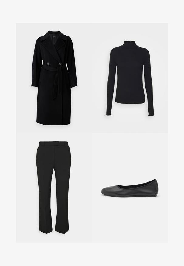 WEEKEND MaxMara RESINA - Mantel - nero; Zwarte langärmelige turtleneck top van soepel stof, met een gerimpelde hals en een aansluitende silhouet met eenvoudige randen.; Zwarte op maat gemaakte broeken met een recht gesneden ontwerp, voorzien van riemlussen en zijzakken. Gemaakt van een gladde stof met een nette afwerking.; Zwarte leren ballerina met een ronde neus, gladde textuur, minimale stikdetails en een flexibele zoolontwerp.