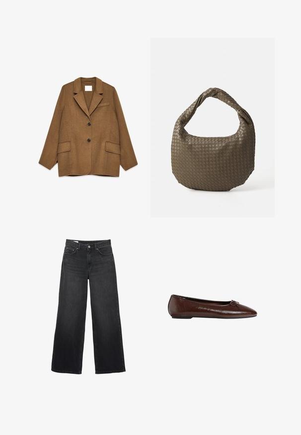 Bruine wolmix blazer met notch revers, enkelvoudig knoopsluiting, twee voorzakken en een borstzak. Voorzien van zwarte knopen.; Lichtbeige ronde hals trui gemaakt van zacht breiwerk. Heeft lange mouwen en geribbelde manchetten, met een relaxte pasvorm en minimalistisch ontwerp.; Zwarte wijde spijkerbroeken van denim. Heeft een klassiek vijf-pocketontwerp, een rechte silhouet en een knoopsluiting aan de voorkant.; Bruine leren ballerina met een gladde textuur, puntige neus en een strikaccent aan de voorkant, voorzien van een lage zwarte rubberen zool.; Geweven olijfgroene handtas met een ronde vorm en een gedraaide handgreep. De textuur heeft een diagonaal patroon. Ritssluiting.